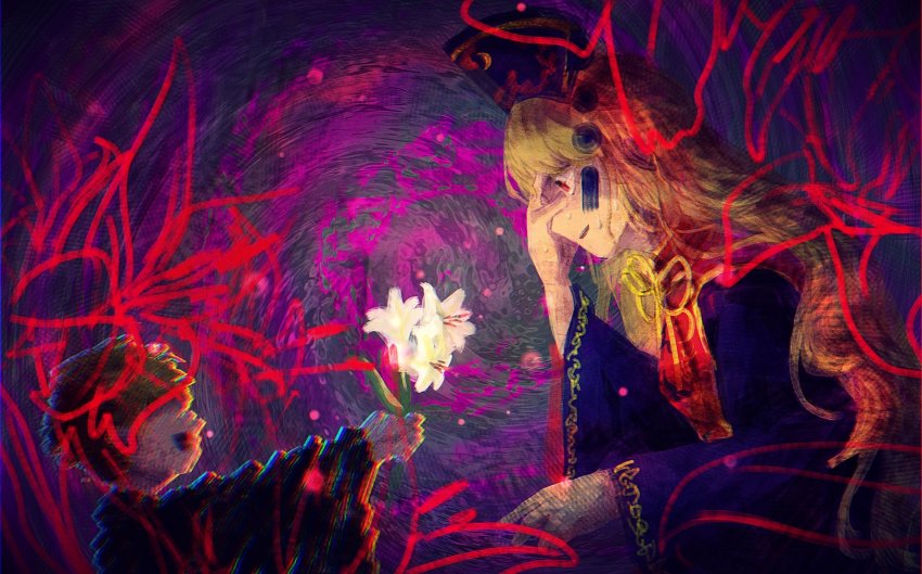 1boy 1girl black_dress black_shirt blonde_hair bofeng commentary crying distortion dress flower from_side glitch hand_on_own_face highres holding holding_flower junko_(touhou) junko_day lily_(flower) long_hair long_sleeves looking_at_another mother_and_son neck_ribbon no_eyes open_mouth phoenix_crown profile red_eyes red_tabard ribbon shee_take shirt short_hair spiral tabard touhou upper_body wide_sleeves yellow_ribbon