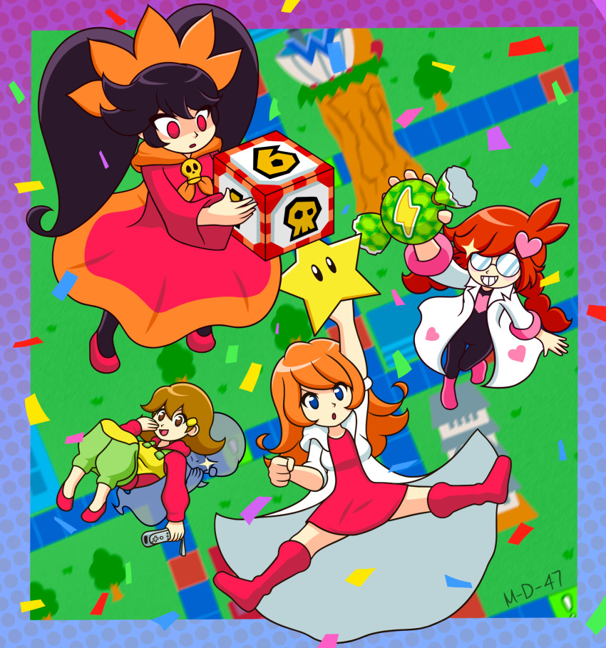 4girls 5-volt apron arm_up artist_name ashley_(warioware) black_hair blue_eyes braid brown_eyes brown_hair clenched_hand confetti controller dice dress game_controller glasses green_pants hair_ornament heart heart_hair_ornament highres lab_coat lightning_bolt_symbol long_hair low_twin_braids m-d-47 mario_(series) mario_party mona_(warioware) multiple_girls nintendo orange_hair pants penny_crygor red_dress red_eyes skull smirk sparkle super_star_(mario) twin_braids twintails warioware wii_remote yellow_apron