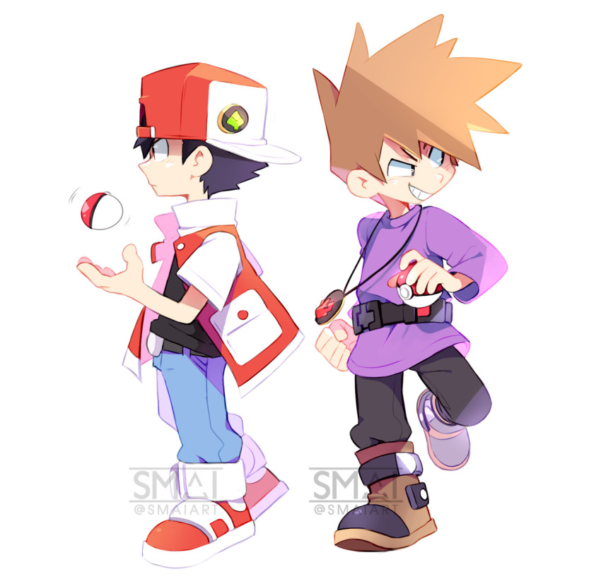 2boys backwards_hat belt black_hair blue_oak boots brown_hair chibi clenched_hand denim gen_1_pokemon grin hat highres jacket jeans jewelry male_focus multiple_boys nintendo open_clothes open_jacket pants pendant poke_ball poke_ball_(basic) pokemon pokemon_rgby purple_sweater red_(pokemon) sami_briggs shoes short_hair smile sneakers spiked_hair sweater white_background