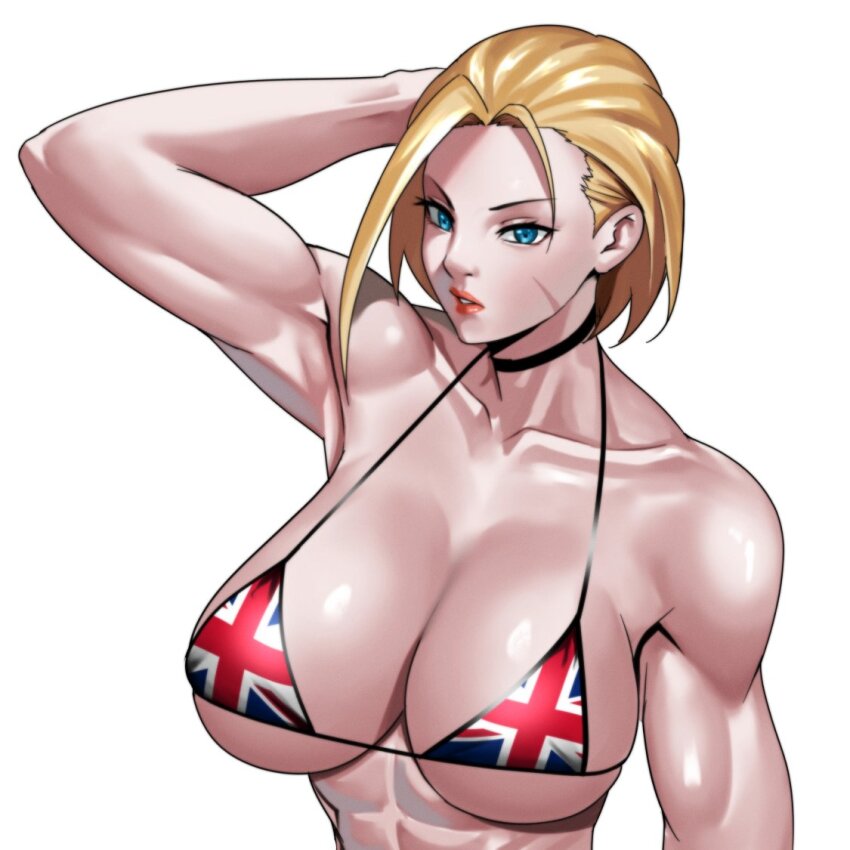 1girl abs ahoge arm_behind_head arm_up armpits bikini black_choker blonde_hair blue_eyes breasts cammy_white choker cleavage collarbone hand_on_own_head large_breasts looking_at_viewer multicolored_bikini muscular scar short_hair solo street_fighter street_fighter_6 swimsuit toned toned_female union_jack_bikini united_kingdom upper_body zinfian