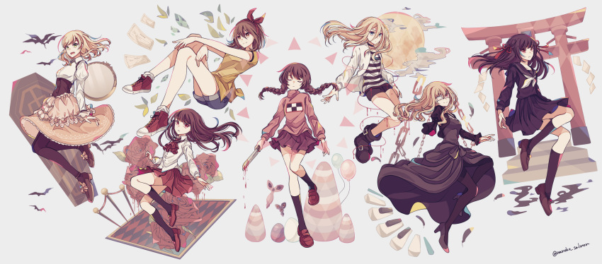 6+girls arne_no_jikenbo ascot balloon bat_(animal) black_choker black_dress black_footwear black_socks blonde_hair blood braid brown_footwear brown_hair choker coffin dress eyepatch flower genre_connection highres higyaku_no_noel himeno_mikoto ib_(ib) ib_(kouri) jacket kaii_shoukougun kanzaki_shiori kirisame_ga_furu_mori knife long_hair lynn_reinweiss madotsuki medical_eyepatch multiple_girls nanoko noel_cerquetti pleated_skirt puffy_sleeves rachel_gardner red_ascot red_eyes red_footwear rose satsuriku_no_tenshi shirt shorts skirt smile socks striped_clothes striped_shirt torii twin_braids white_jacket yume_nikki