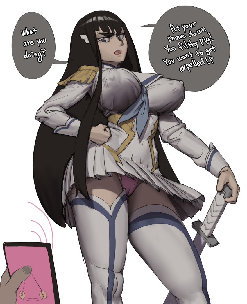 1boy 1girl black_hair blue_eyes boots breasts cameltoe covered_erect_nipples dress english_text epaulettes highres holding holding_phone hypnosis kill_la_kill kiryuuin_satsuki large_breasts long_hair long_sleeves looking_at_viewer looking_down mind_control open_mouth panties pendulum phone pink_panties simple_background speech_bubble thick_eyebrows thigh_boots thighhighs underwear white_background white_dress white_thighhighs wjs07