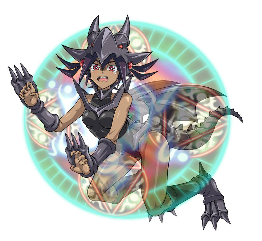 1girl bare_shoulders black_hair breasts claw_pose claws crying dark-skinned_female dark_skin dgodnz dragon_girl highres leotard magic_circle medium_breasts open_mouth red-eyes_black_dragon red_eyes simple_background spellbinding_circle tail tears teeth wings yu-gi-oh! yu-gi-oh!_cross_duel