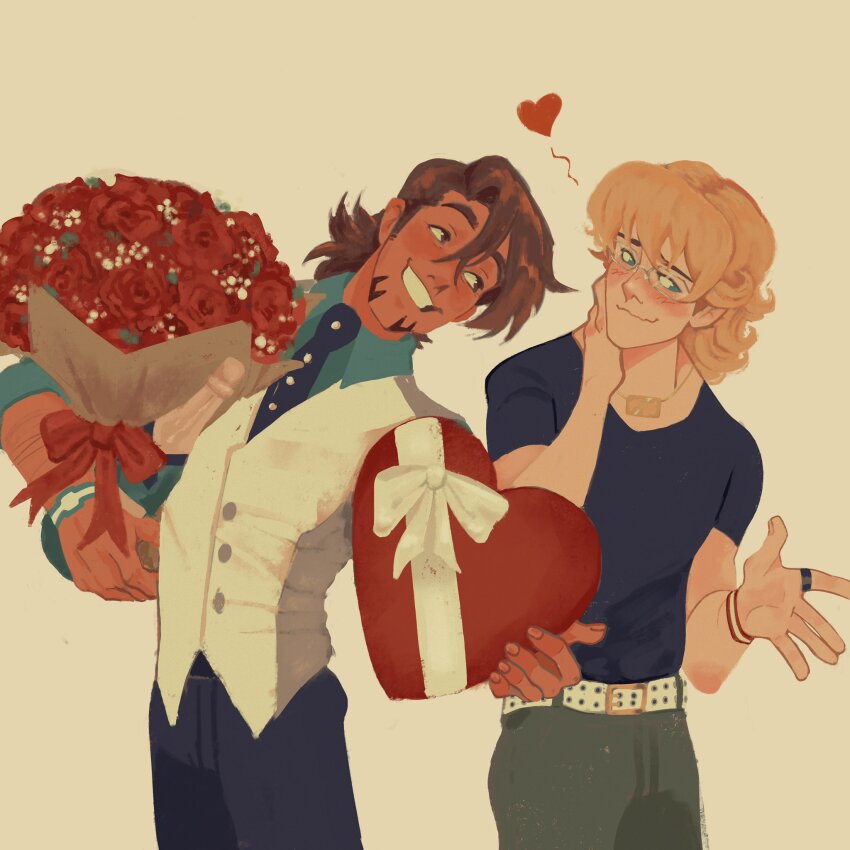2boys barnaby_brooks_jr. belt belt_buckle blonde_hair blue_necktie blue_pants blue_shirt blush bouquet bow bracelet brown_eyes brown_hair buckle buttons closed_mouth collared_shirt commentary couple cowboy_shot crew_neck dark-skinned_male dark_skin english_commentary facial_hair flower glasses goatee green_shirt grey_pants grin hand_on_own_neck hand_up highres holding holding_bouquet jewelry kaburagi_t._kotetsu looking_at_another looking_to_the_side male_focus medium_hair multiple_boys necklace necktie pants red_bow red_flower red_rose ring rose shirt simple_background smile studded_belt t-shirt taybuni teeth tiger_&amp;_bunny vest wavy_hair white_background white_belt white_bow white_vest wing_collar yaoi