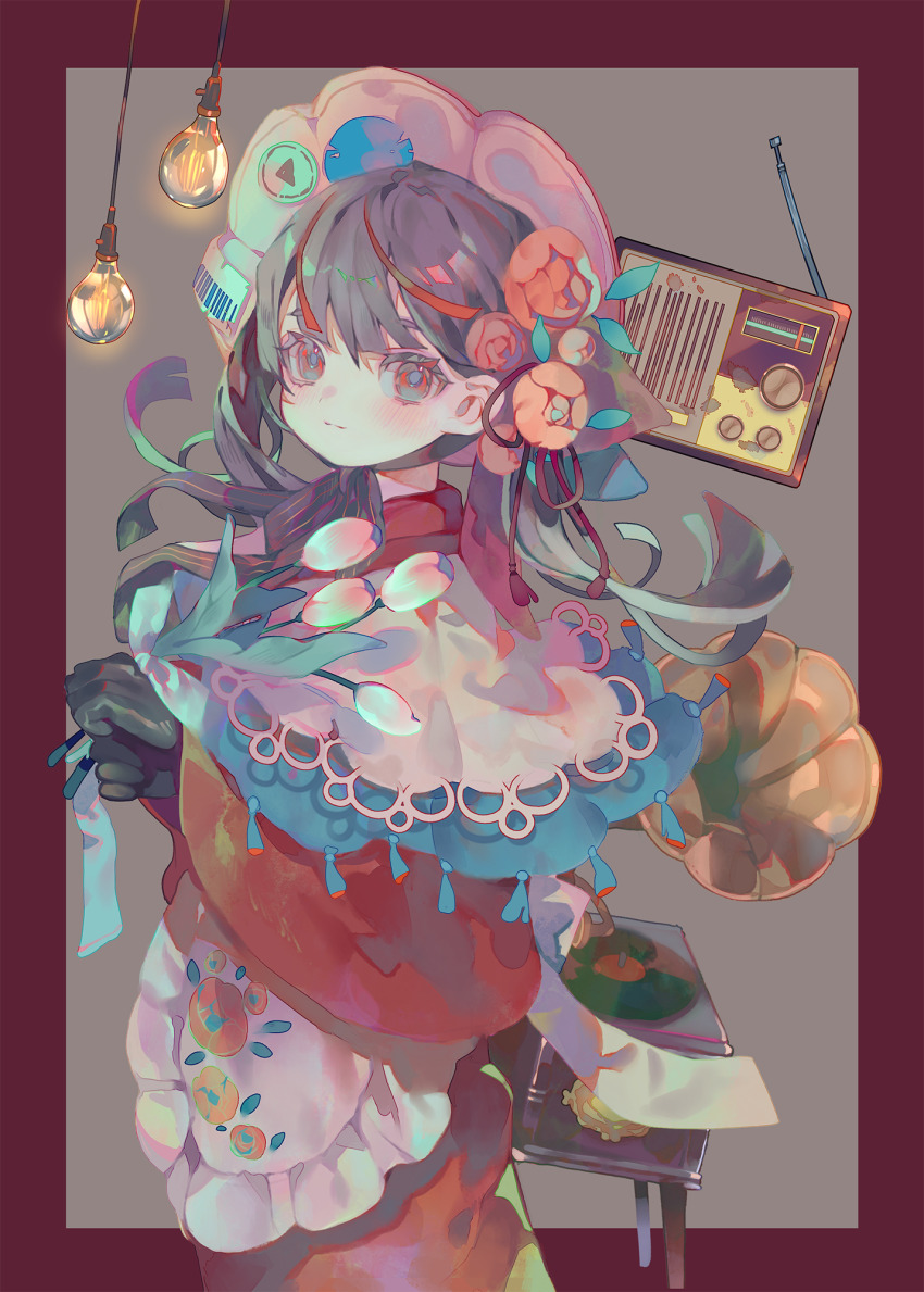 1girl apron black_gloves black_hair border capelet cha_goma closed_mouth commentary_request frilled_apron frills from_side gloves grey_background grey_eyes highres japanese_clothes kimono light_bulb long_hair looking_at_viewer looking_to_the_side original radio red_border red_capelet red_kimono simple_background solo vinyl_record white_apron white_capelet