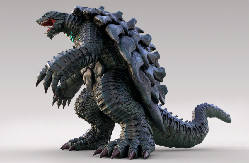 3d body_markings byneet claws engi_(animation_studio) full_body gamera gamera_(series) gamera_-rebirth- giant giant_monster glowing glowing_eyes glowing_markings glowing_veins green_eyes highres kadokawa kaiju monster no_humans open_mouth roaring sea_monster sharp_teeth simple_background tail teeth tongue turtle turtle_shell tusks veins white_background