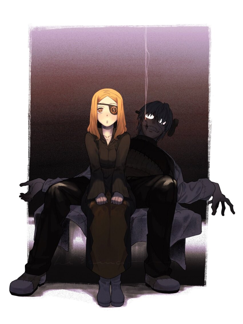 1boy 1girl black_dress black_footwear black_pants blonde_hair coat colored_skin crazy dress expressionless eyepatch franken_stein_(soul_eater) glasses grey_footwear grey_hair grey_shirt highres hissiu in_shadow lab_coat marie_mjolnir orange_eyes pants shirt simple_background sitting smile smoking soul_eater stitched_face stitched_sleeves stitches white_coat white_skin