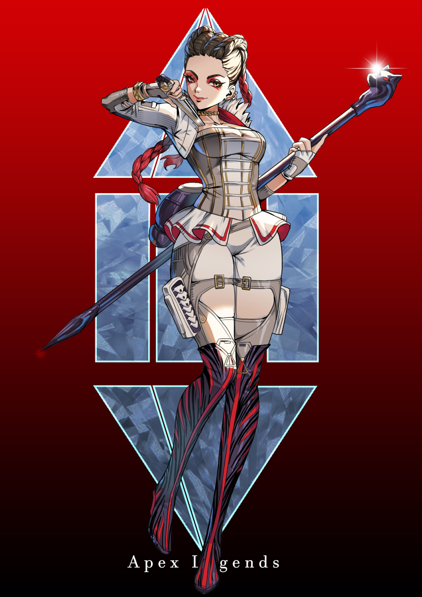 1girl absurdres animification apex_legends black_boots boots braid breasts brown_eyes brown_hair ear_piercing eyeshadow fingerless_gloves floating_hair folding_fan full_body garra_de_alanza gloves gold_choker hair_behind_ear hand_fan highres holding holding_fan holding_staff jacket liutiao loba_(apex_legends) long_hair makeup medium_breasts miniskirt multicolored_hair piercing red_eyeshadow red_hair skirt smile solo staff thigh_boots twin_braids two-tone_hair very_long_hair white_gloves white_jacket