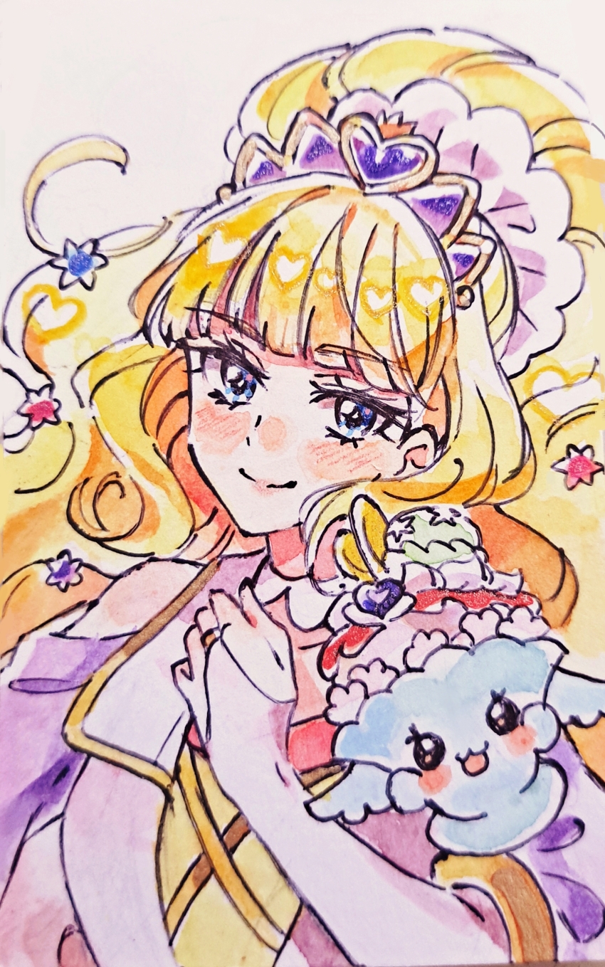 1girl absurdres blonde_hair blue_eyes blunt_bangs blush bridal_gauntlets choker commentary_request cufi1124 cure_finale delicious_party_precure high_ponytail highres kasai_amane korean_commentary long_hair magical_girl parfait_recipipi ponytail precure recipipi sidelocks smile solo sparkle_hair_ornament white_choker wide_ponytail