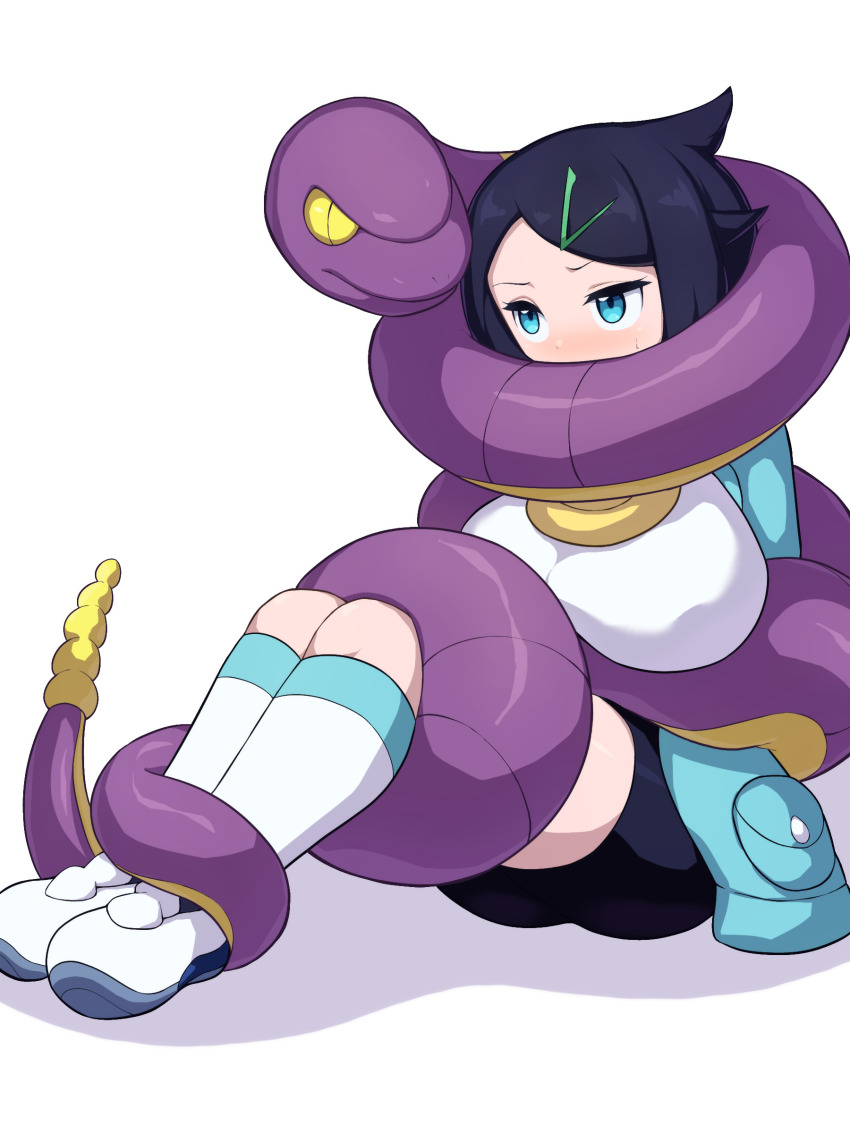 1girl absurdres arms_behind_back black_hair blue_eyes blush bound bound_ankles breasts clothes commentary_request constriction ekans gen_1_pokemon hair_ornament hairclip highres jacket kerriaria large_breasts liko_(pokemon) medium_hair nintendo pokemon pokemon_(anime) pokemon_(creature) pokemon_horizons restrained shoes shorts simple_background sitting snake socks white_background