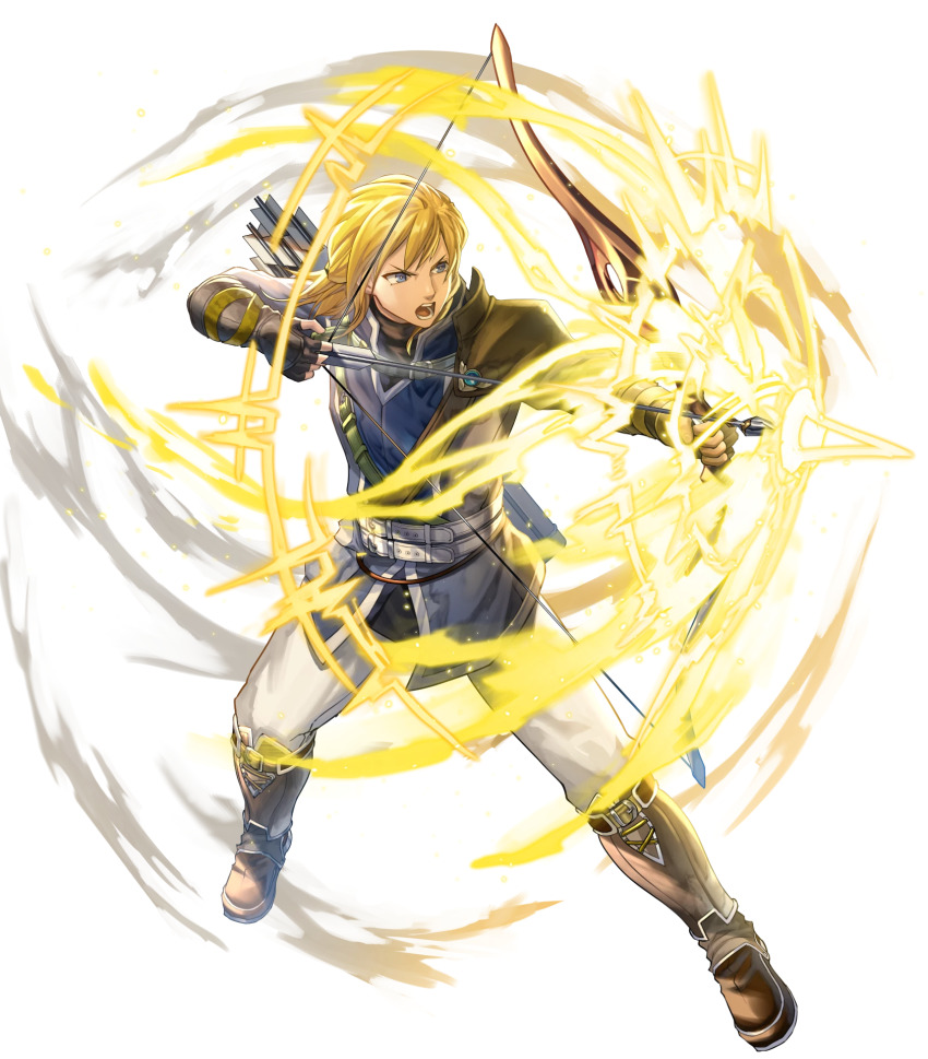 1boy aiming attack black_gloves blonde_hair blue_eyes bow_(weapon) drawing_bow fingerless_gloves fire_emblem fire_emblem:_radiant_dawn fire_emblem_heroes gloves highres holding holding_bow_(weapon) holding_weapon leonardo_(fire_emblem) light male_focus medium_hair nintendo non-web_source official_art open_mouth quiver solo teeth v-shaped_eyebrows weapon