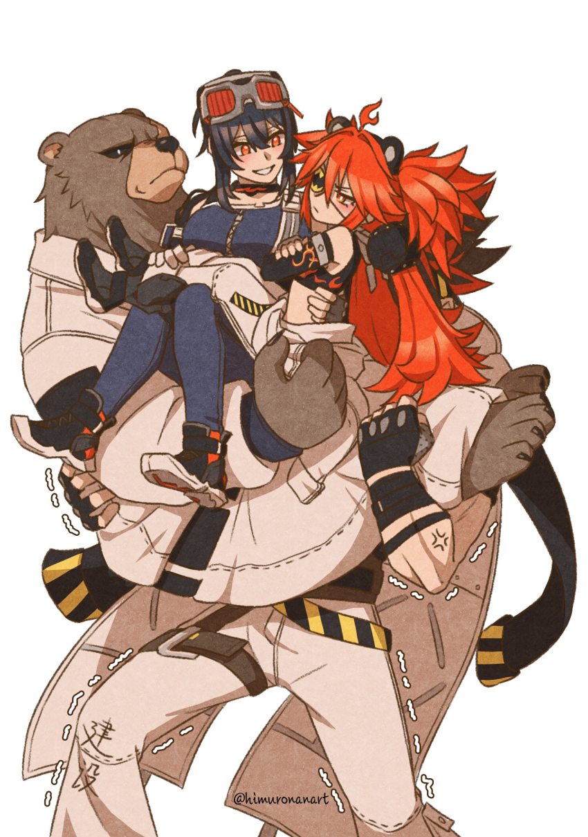 2boys 2girls animal_ears annoyed anton_ivanov artist_name barefoot bear_boy bear_ears ben_bigger black_hair black_tank_top blush brown_fur carrying carrying_multiple_people carrying_person commentary_request goggles goggles_on_head grace_howard highres himuronanart jacket koleda_belobog looking_at_another multiple_boys multiple_girls pants red_hair scar scar_across_eye scar_on_face shaking smile tank_top twintails twitter_username white_background white_jacket white_pants zenless_zone_zero