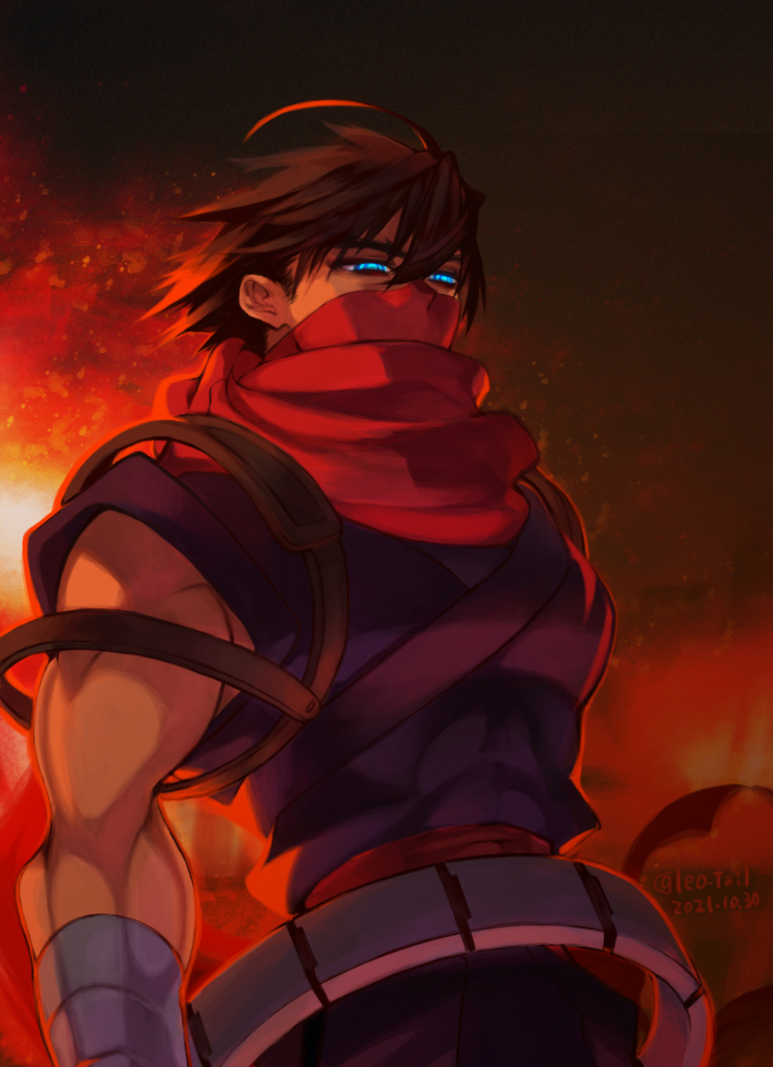 1boy ahoge blue_eyes brown_hair covered_abs dated highres leo_tail male_focus mask mouth_mask red_mask red_scarf scarf solo strider_(video_game) strider_hiryuu toned toned_male twitter_username upper_body