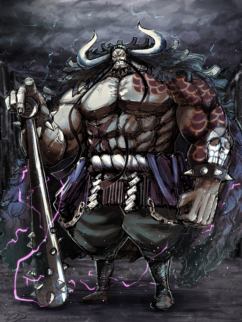 1boy abs absurdres beard black_hair bracelet clenched_hand clenched_teeth club_(weapon) commentary_request curled_horns facial_hair highres horns jewelry kaidou_(one_piece) long_hair male_focus muscular muscular_male mustache nankou_(koutanan) one_piece oni outdoors scar scar_on_chest skull solo spiked_bracelet spikes standing teeth topless_male weapon