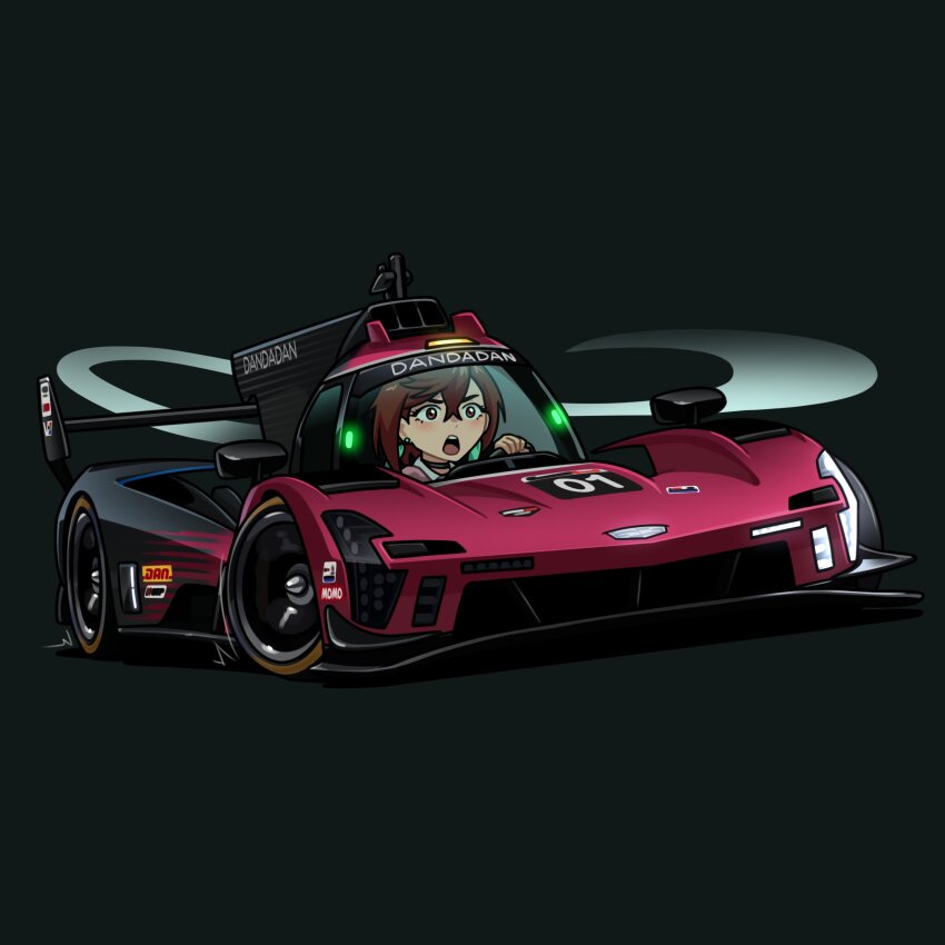 1girl absurdres arhentol ayase_momo black_choker blush brown_eyes brown_hair cadillac cadillac_v-series.r car choker commentary dandadan dhl driving earrings english_commentary hair_between_eyes highres imsa_sportscar_championship jewelry le_mans_prototype logo motor_vehicle open_mouth pink_shirt race_vehicle racecar shirt short_hair solo sponsor vehicle_focus