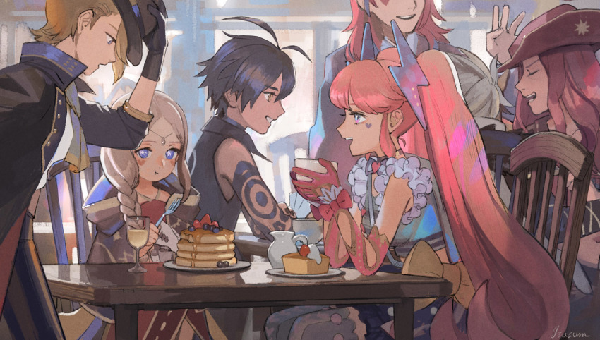 3boys 3girls antenna_hair arm_tattoo black_hair black_headwear blonde_hair blue_eyes blueberry braid braided_ponytail brown_headwear chair character_request cup eating elbow_gloves closed_eyes food fork frilled_sleeves frills fruit gloves grey_hair hair_over_shoulder hand_up hat holding holding_cup holding_fork hood hood_down lilim_(megido72) long_hair megido72 multiple_boys multiple_girls open_mouth pancake pancake_stack pink_hair plate profile red_gloves red_hair sasumata_jirou short_hair smile strawberry succubus_(megido72) syrup table tattoo twintails