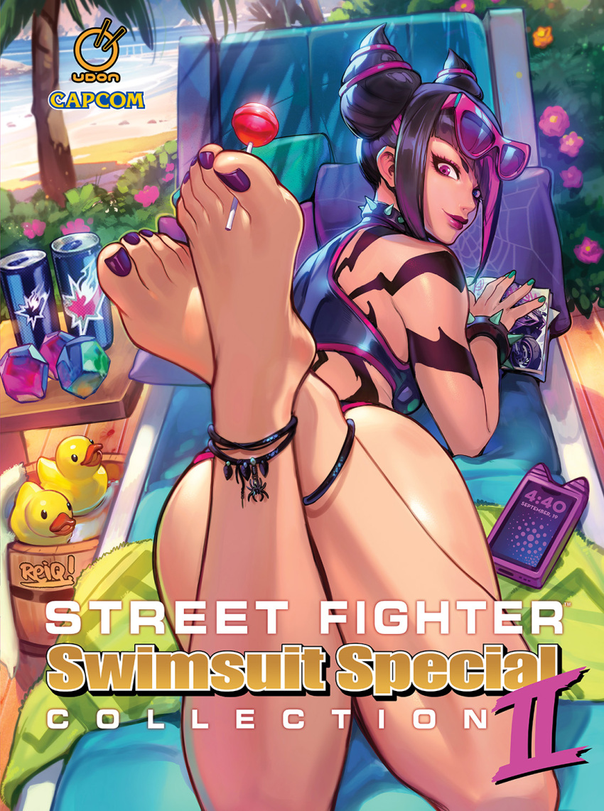 1girl ankleband barefoot beach bikini can candy capcom coconut_tree deck_chair drink english_text feet female_focus flower food foot_focus han_juri highres lollipop nail_polish palm_tree purple_nails reiq rubber_duck solo street_fighter street_fighter_6 swimsuit toenail_polish toenails tree