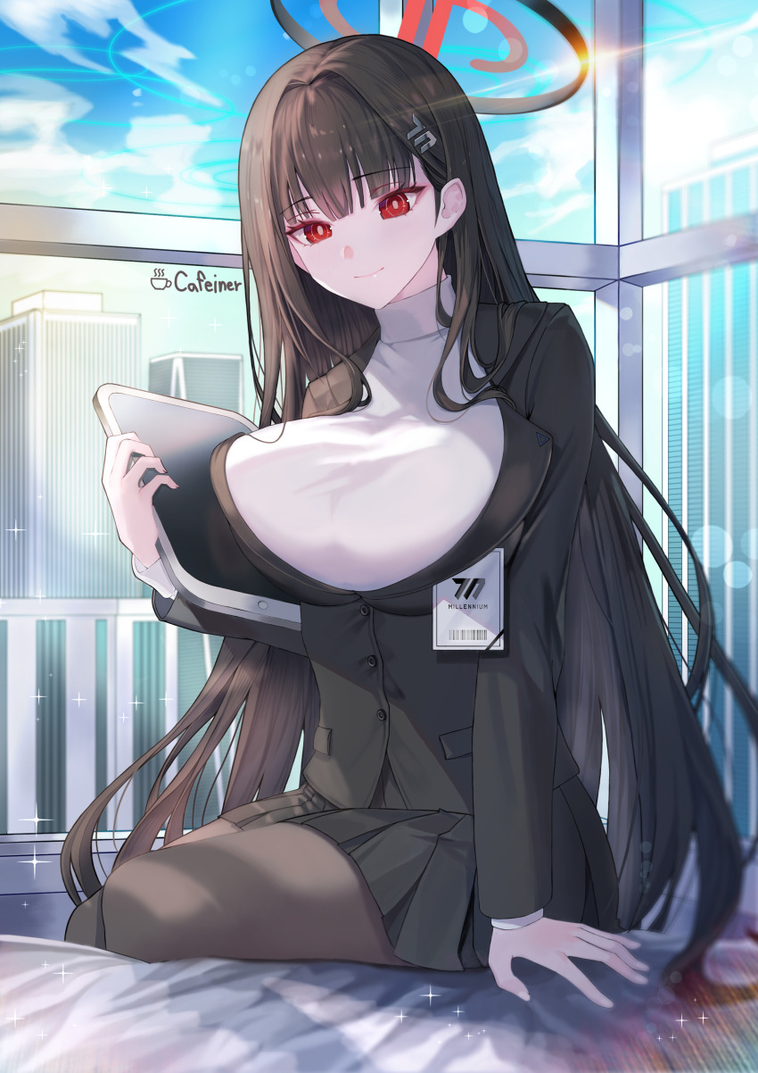 1girl absurdres black_hair black_pantyhose blazer blue_archive breasts cafeiner halo highres jacket large_breasts long_hair pantyhose pleated_skirt red_eyes rio_(blue_archive) sitting skirt smile solo sweater tablet_pc turtleneck turtleneck_sweater