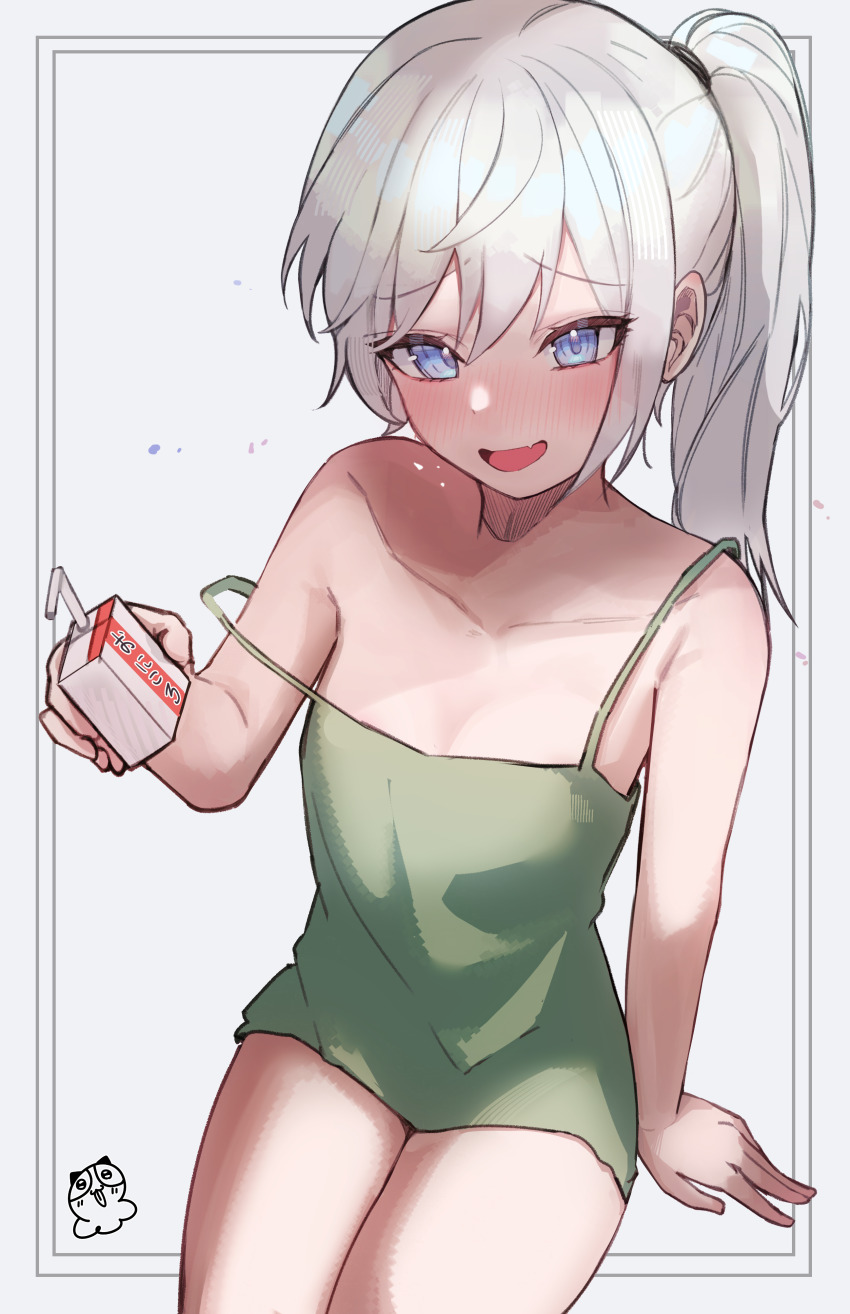 1girl absurdres alcohol_carton artist_request blue_eyes bocchi_the_rock! commentary_request commission cosplay dress green_dress highres hiroi_kikuri hiroi_kikuri_(cosplay) holding_carton invisible_chair korean_commentary long_hair looking_at_viewer open_mouth original second-party_source sitting smile solo strap_slip white_hair