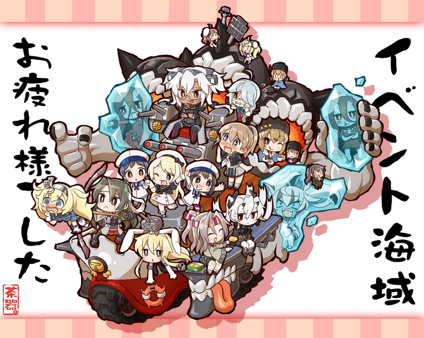 +_+ 6+girls :&lt; :d @_@ ^_^ abyssal_ship ahoge battleship_princess battleship_water_oni black_hair black_hat blonde_hair blue_eyes blue_sailor_collar blush breast_pocket brown_eyes brown_hair chaki_(teasets) closed_eyes daitou_(kancolle) dark-skinned_female dark_skin dress elbow_gloves escort_water_princess fairy_(kancolle) food gambier_bay_(kancolle) glasses gloves grey_hair grin hachimaki hair_between_eyes hair_over_one_eye hamanami_(kancolle) hat headband hiburi_(kancolle) high_ponytail holding horns intrepid_(kancolle) jervis_(kancolle) kantai_collection light_brown_hair long_hair machinery multicolored_gloves multiple_girls musashi_(kancolle) musashi_kai_ni_(kancolle) one_eye_closed open_mouth pocket ponytail red_eyes rensouhou-chan sailor_collar sailor_dress sailor_hat shimakaze_(kancolle) ship_turret short_hair short_sleeves single_horn sleeveless smile tashkent_(kancolle) tongue tongue_out twintails v-shaped_eyebrows white_gloves white_hair white_hat white_headband zuihou_(kancolle) zuihou_kai_ni_(kancolle) zuikaku_(kancolle) zuikaku_kai_ni_(kancolle)