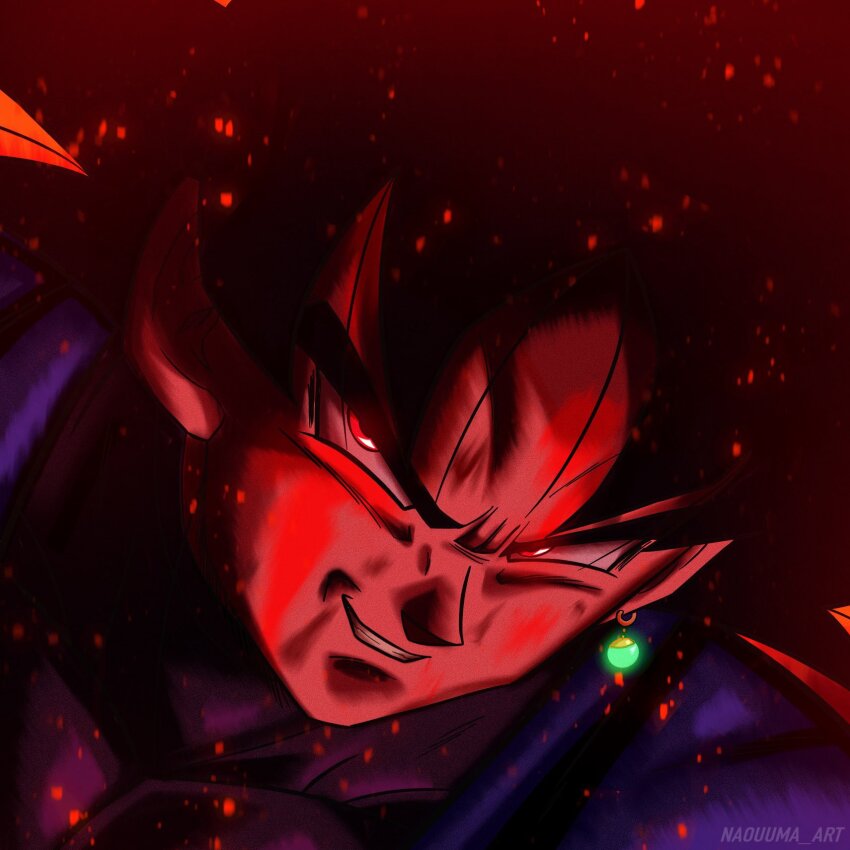 1boy battle_damage black_hair close-up dragon_ball dragon_ball_super earrings fire goku_black highres jewelry male_focus muscular muscular_male naouuma_art potara_earrings red_theme single_earring smirk solo spiked_hair