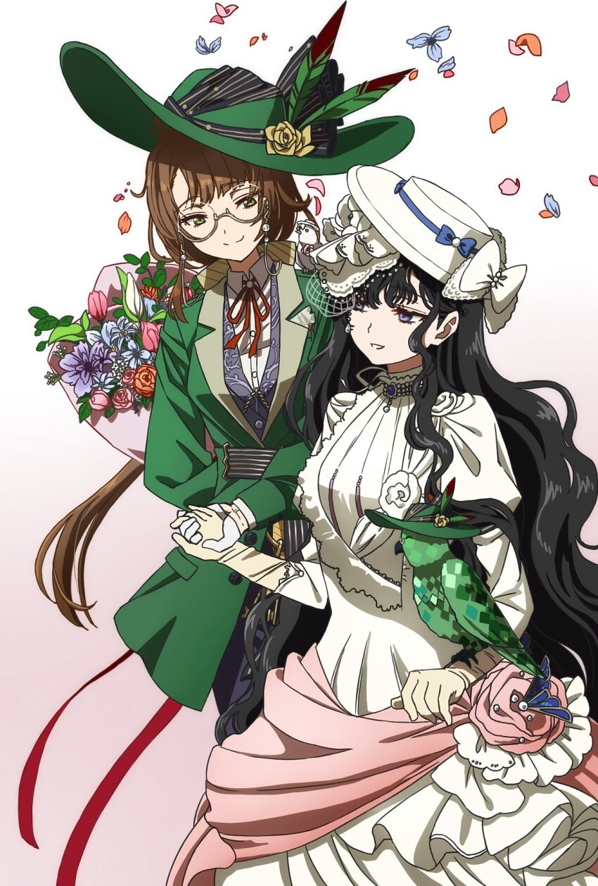 2girls animal_on_arm animalization arm_behind_back bird bird_on_arm black_hair bouquet bow brown_hair closed_mouth collared_shirt dress falling_petals feathers flower glasses gloves gown gradient_background green_bird green_eyes green_feathers green_hat green_jacket grin hair_bow hat hat_bow hat_feather hat_flower highres holding holding_bouquet holding_hands isolde_(reverse:1999) jacket juliet_sleeves kakania_(reverse:1999) long_hair long_sleeves looking_at_another low_ponytail multiple_girls neck_ribbon oiun parrot person_and_animalization petals picture_hat pink_background pink_flower ponytail puffy_sleeves purple_eyes purple_flower red_ribbon reverse:1999 ribbon round_eyewear semi-rimless_eyewear shirt smile solo under-rim_eyewear upper_body veil very_long_hair wavy_hair white_background white_bow white_dress white_gloves white_hat white_shirt white_veil yellow_bow yellow_flower yellow_gloves yuri