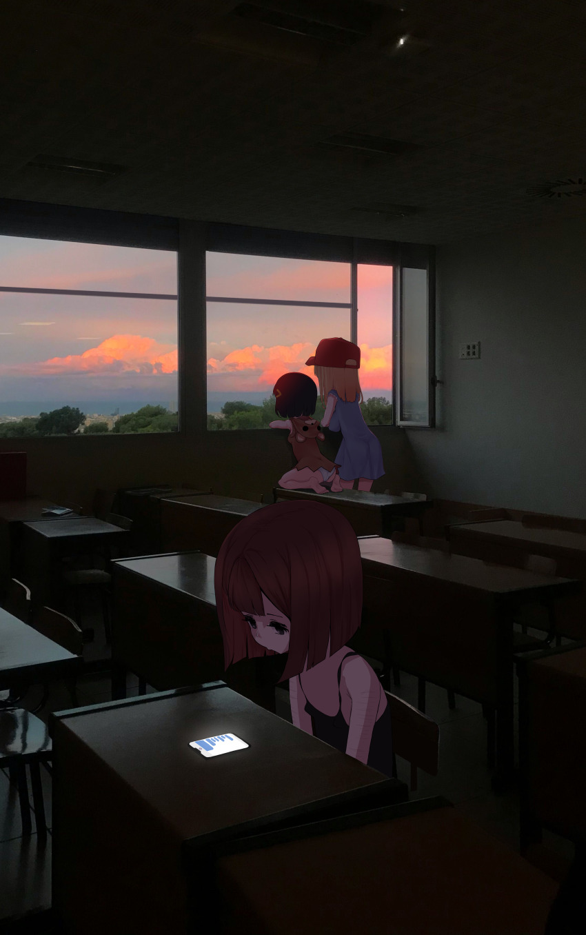 3girls 4chan absurdres animal_hood ass baseball black_camisole black_hair blonde_hair blunt_ends bob_cut breasts brown_hair camisole ceiling cellphone chair classroom dark_yaoi desk dress hat highres hood hood_down indoors looking_outside medium_hair multiple_girls on_desk original panties pedobear phone photo_background red_hat school_desk self-harm_scar short_dress sitting smartphone sunset underwear window