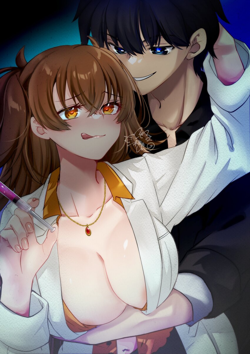 1boy 1girl absurdres areola_slip black_hair blue_eyes blush breasts brown_hair cleavage dr._arach gakuran highres holding holding_needle jewelry lab_coat large_breasts long_hair long_sleeves melty_blood nanaya_shiki necklace needle orange_eyes orange_vest school_uniform shimotsukishin short_hair smile tongue tongue_out tsukihime tsukihime_(remake) vest