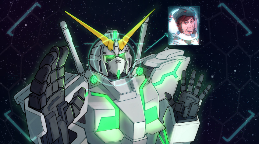 1boy banagher_links brown_hair commentary english_commentary full_armor_unicorn_gundam glowing glowing_eyes gundam gundam_unicorn helmet highres holographic_monitor jacy looking_at_viewer mecha mecha_pilot_suit meme mrbeast normal_suit_(gundam) nt-d open_mouth parody robot smile space spacesuit star_(sky) unicorn_gundam v-fin viewfinder