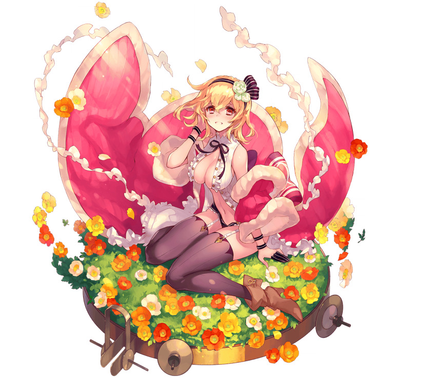 1girl ancient_killers_(phantom_of_the_kill) blonde_hair boots breasts brown_boots da-kuro eros_(phantom_of_the_kill) field flower flower_field full_body hair_flower hair_ornament highres looking_at_viewer midriff on_floor phantom_of_the_kill red_eyes shoes sitting solo