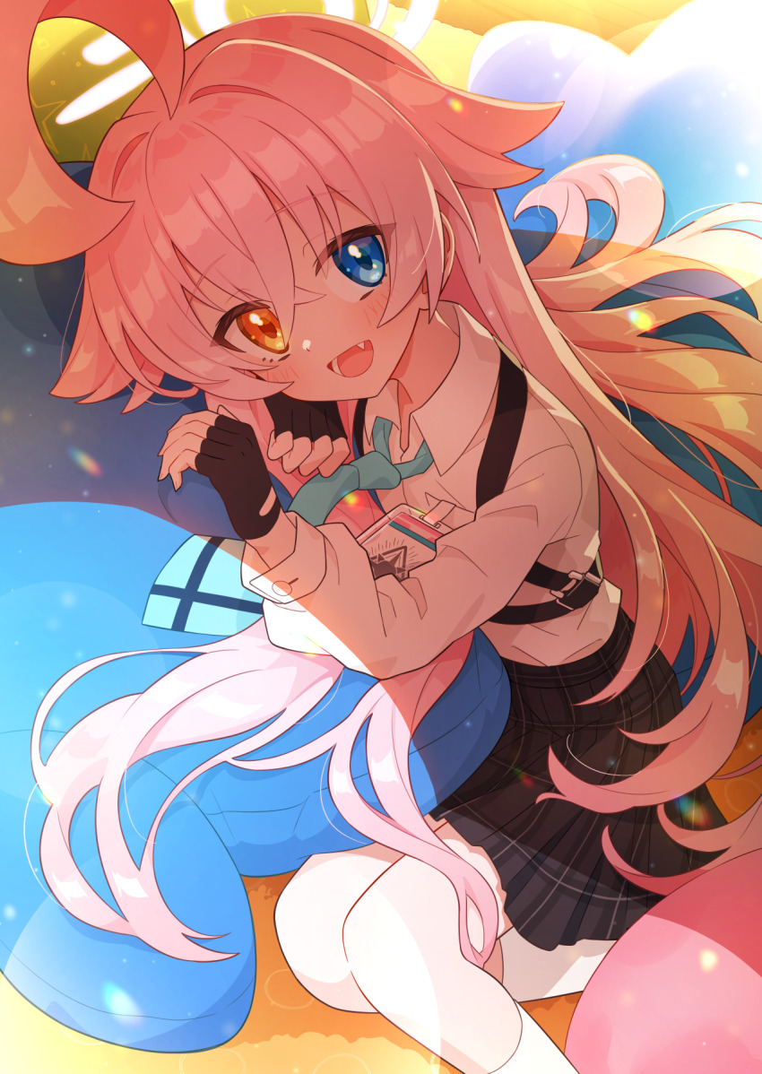 1girl ahoge black_skirt blue_archive blue_eyes blue_necktie feet_out_of_frame flat_chest fuji_tarawi heterochromia highres hoshino_(blue_archive) huge_ahoge id_card inflatable_toy looking_at_viewer necktie pink_hair shade shirt skirt smile solo stuffed_toy thighhighs white_shirt yellow_eyes zettai_ryouiki