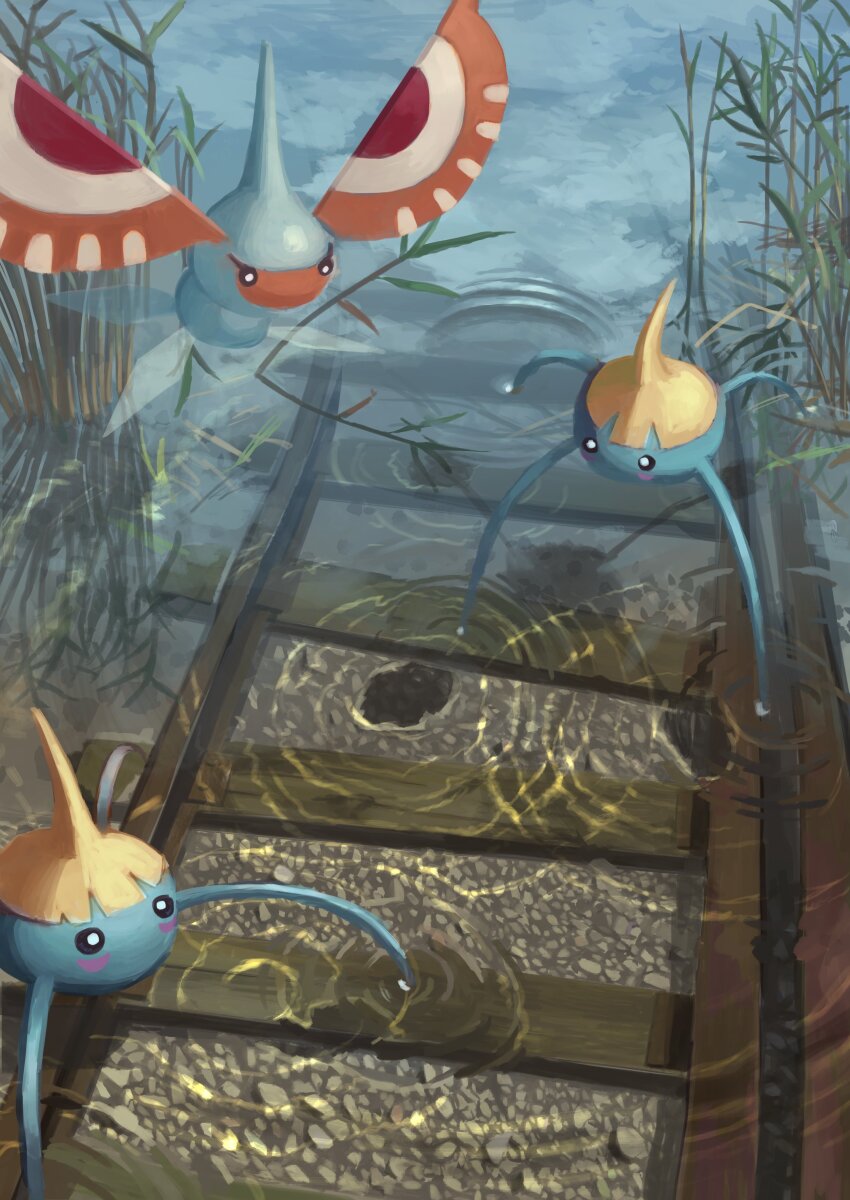 absurdres black_eyes bright_pupils commentary_request day evolutionary_line flying gen_3_pokemon highres king_joe_(neoroto) masquerain nintendo no_humans outdoors pokemon pokemon_(creature) railroad_tracks ripples surskit water white_pupils