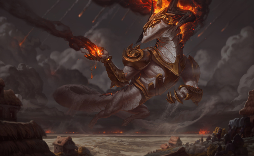 absurdres armor ashen_lord_aurelion_sol aurelion_sol_(league_of_legends) claws colored_skin dragon eastern_dragon evan_monteiro fire flying glowing glowing_cracks glowing_eyes grey_skin highres horns house league_of_legends looking_to_the_side meteor night official_alternate_costume plain scales smoke thatched_roof wide_shot