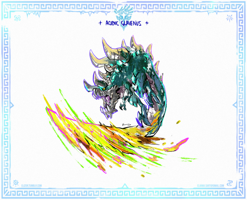 acidic_glavenus border character_name dated dragon eliz0r email_address highres monster monster_hunter:_world monster_hunter_(series) monster_hunter_world:_iceborne motion_blur no_humans signature simple_background tumblr_username