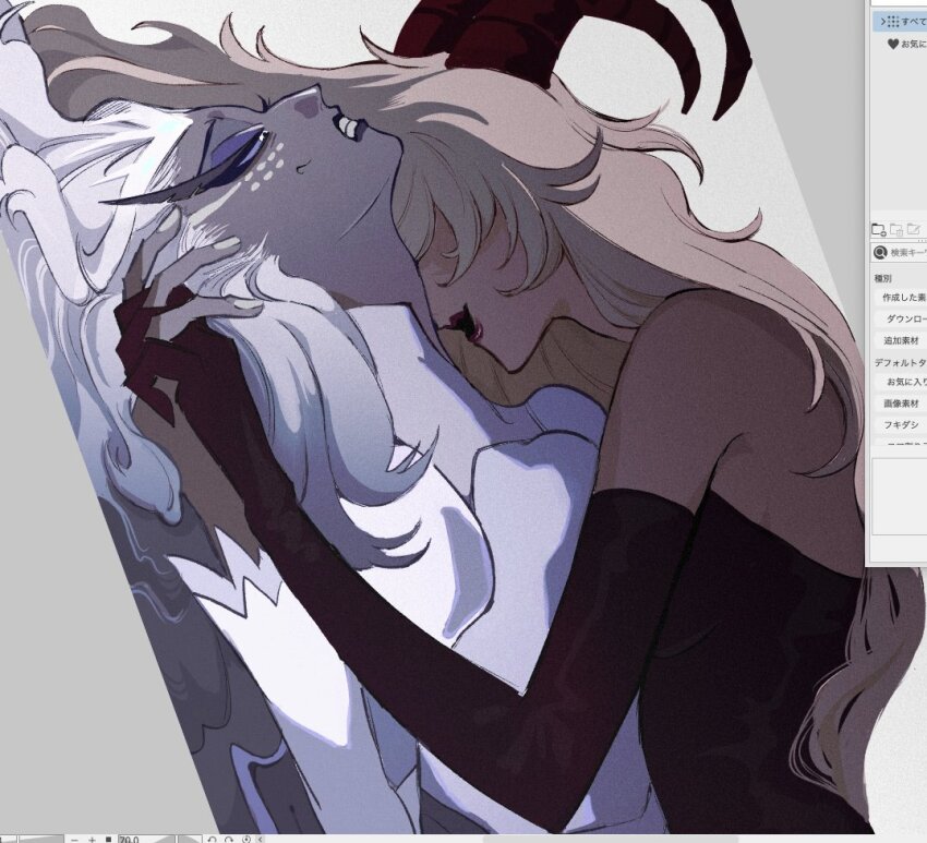 2girls angel blonde_hair dark-skinned_female dark_skin demon_girl demon_horns dress hazbin_hotel holding_hands horns lilith_(hazbin_hotel) multiple_girls sera_(hazbin_hotel) syokup white_dress white_hair yuri