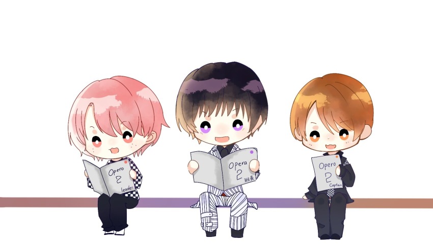 3boys argyle_clothes argyle_necktie belt black_footwear black_hair black_jacket black_necktie black_pants black_shirt black_sleeves checkered_clothes checkered_shirt checkered_sleeves chibi chinese_commentary collared_jacket collared_shirt commentary_request detached_sleeves formal_clothes freckles fukazawa_tatsuya full_body highres holding holding_paper jacket lapels light_blush long_sleeves male_focus mukai_kouji multiple_boys music necktie notched_lapels open_mouth orange_eyes orange_hair pants paper pink_eyes pink_hair purple_eyes qingzhao_stella reading real_life red_belt sakuma_daisuke shirt shoes short_hair simple_background singing sitting smile snow_man_(jpop) striped_clothes striped_jacket striped_pants striped_suit suit two-tone_shirt white_background white_footwear white_jacket white_pants white_shirt white_sleeves white_suit