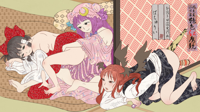 3girls ahegao all_fours anal anal_object_insertion ass bare_shoulders barefoot black_eyes black_hair black_skirt black_vest blush bow breasts character_name cloritin commentary_request crescent crescent_hat_ornament demon_wings double_penetration dress female_masturbation fine_art_parody hair_bow hair_tubes hakurei_reimu hat hat_ornament head_wings highres koakuma long_hair masturbation multiple_girls nihonga object_insertion open_mouth parody patchouli_knowledge purple_dress purple_hair purple_hat red_eyes red_hair sex_toy shirt shunga skirt smile touhou translation_request ukiyo-e vaginal vaginal_object_insertion vest vibrator white_shirt wide_sleeves wings yuri