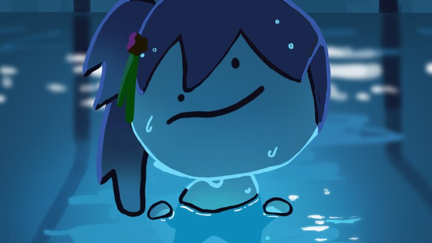 1girl chainsaw_man chibi chibi_only child&#039;s_drawing commentary_request hair_ornament hanamiya_nina_(style) highres i&#039;ll_teach_you_everything_(chainsaw_man) looking_at_viewer otomune_kozue partially_submerged pool purple_hair side_ponytail solo sunkeun wet