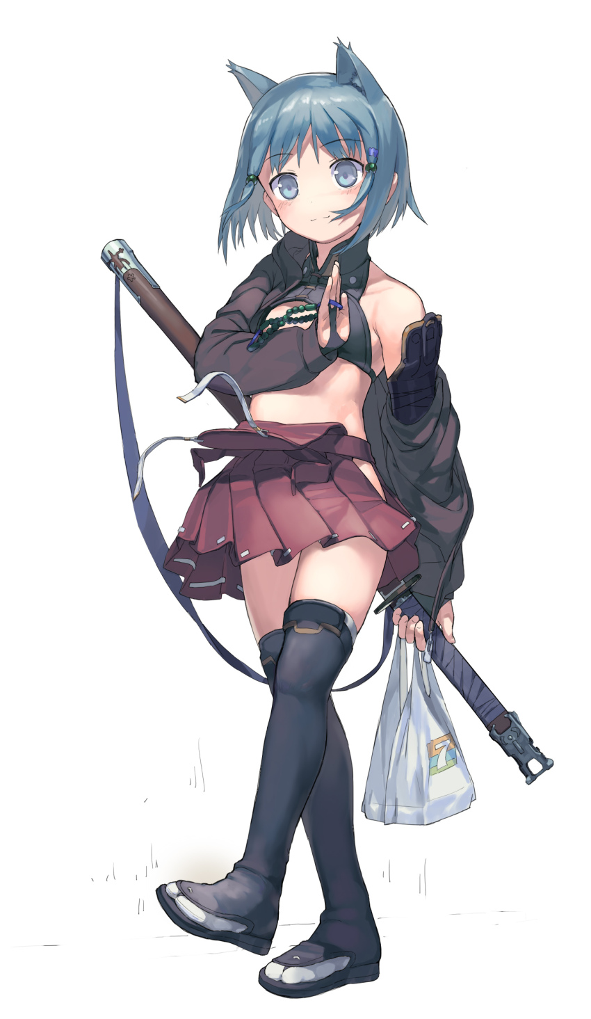 1girl absurdres animal_ears bag beads blue_eyes blue_hair boots breasts cat_ears closed_mouth fingerless_gloves full_body gesture gloves hair_bobbles hair_ornament halterneck highres hip_vent holding holding_behind_back holding_sword holding_sword_behind_back holding_weapon holding_weapon_behind_back jacket jacket_partially_removed long_sleeves looking_at_viewer miniskirt off_shoulder original pleated_skirt prayer_beads red_eyes revealing_clothes scabbard sheath shopping_bag short_hair skirt small_breasts solo sword tabi tareme thigh_boots thighhighs walking weapon white_background zhongye_yu