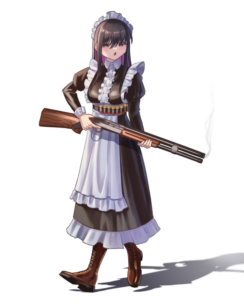 1girl :o alternate_costume ammunition_belt apron bandolier belt black_dress black_hair blush boots breasts brown_boots brown_eyes colored_inner_hair commentary dress english_commentary enmaided full_body gun haow highres holding holding_gun holding_weapon maid maid_apron maid_headdress medium_breasts multicolored_hair open_mouth original purple_hair shadow shizuku_inoue_(haow) shotgun smoke smoking_barrel solo trigger_discipline walking weapon white_background