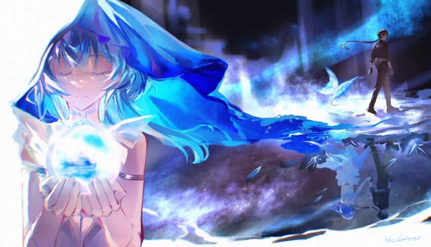 1boy 1girl armlet black_hair black_jacket black_pants blue_butterfly blue_hair blue_veil bug butterfly chromatic_aberration closed_eyes closed_mouth commentary different_reflection dress facing_viewer hand_grab highres insect jacket jewelry linlinzhong long_hair male_rover_(wuthering_waves) orb pangu_terminal_(wuthering_waves) pants reflection rover_(wuthering_waves) shorekeeper_(wuthering_waves) signature sleeveless sleeveless_dress smile symbol-only_commentary veil wuthering_waves