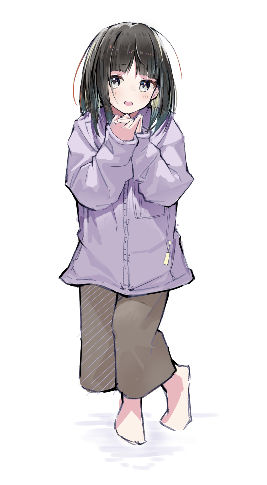 1girl absurdres barefoot black_eyes black_hair blunt_bangs blush brown_pants full_body grey_eyes highres interlocked_fingers jacket knees_together_feet_apart lavender_jacket long_sleeves looking_to_the_side medium_hair open_mouth original own_hands_together pants pinky_out purple_jacket rinki_oohen sketch sleeves_past_wrists solo standing w_arms white_background