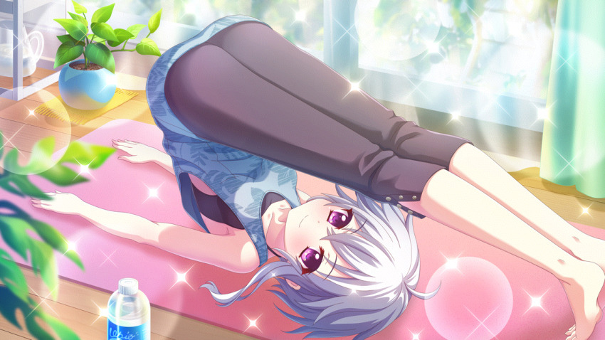1girl ahoge barefoot black_bra black_pants blue_tank_top blurry blurry_foreground bottle bra breasts closed_mouth day dot_nose film_grain game_cg grey_hair ichijou_ruka indoors izumi_tsubasu lens_flare non-web_source official_art pants plant potted_plant print_tank_top purple_eyes re:stage! short_hair_with_long_locks small_breasts smile solo sparkle tank_top underwear water_bottle wooden_floor yoga yoga_mat
