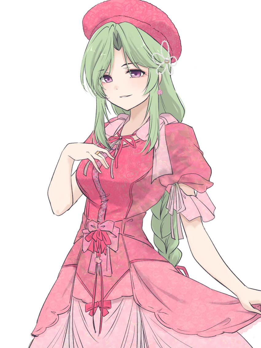 1girl actor_connection arm_at_side assault_lily beret bow breasts commentary_request cosplay cowboy_shot dress dress_bow earrings flower_earrings green_hair hair_ribbon hand_on_own_chest hand_up hat highres idol jewelry layered_dress long_hair looking_ahead low-braided_long_hair low-tied_long_hair medium_breasts murakami_tokiwa neck_ribbon parted_bangs parted_lips pearl_hair_ornament pink_bow pink_dress pink_hat pink_ribbon purple_eyes ribbon ring shiraishi_mayumi shiraishi_mayumi_(cosplay) short_sleeves sidelocks simple_background skirt_hold smile solo standing urutsu_sahari very_long_hair white_background