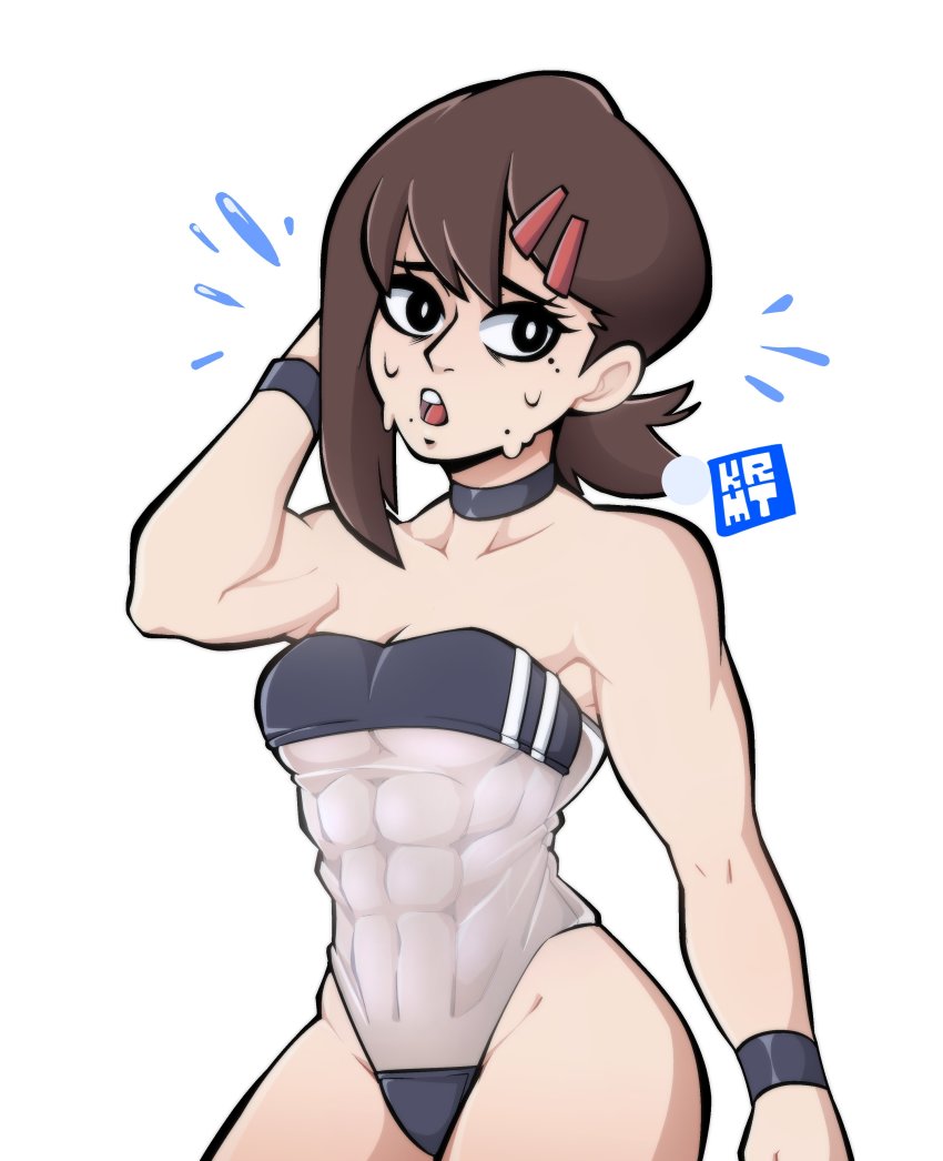 1girl abs absurdres alternate_costume breasts brown_hair chainsaw_man embarrassed female_focus higashiyama_kobeni highres kermittend large_breasts looking_at_viewer muscular muscular_female pants shirt short_hair solo source_request spots sweat swimsuit transparent