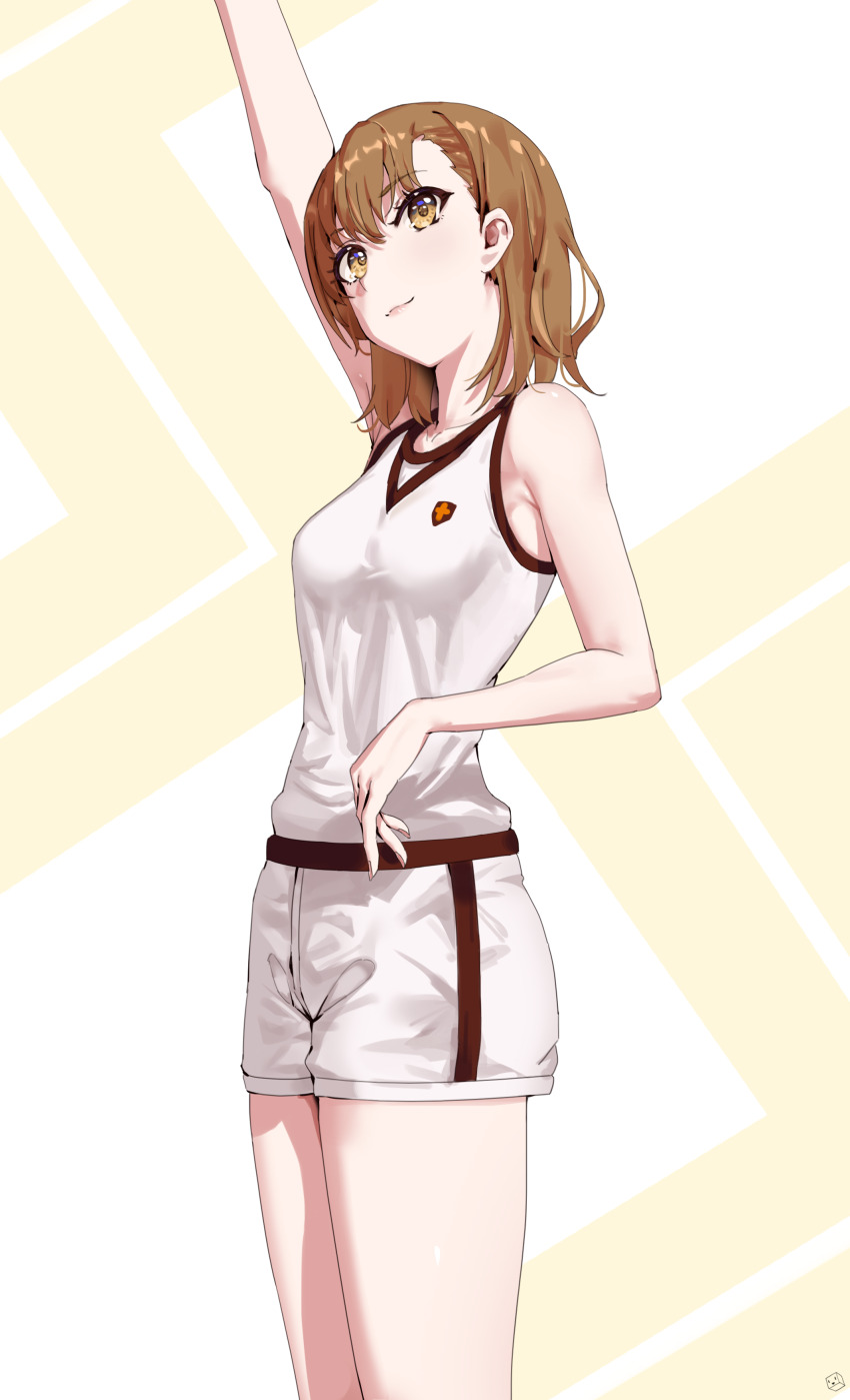 1girl absurdres arm_up breasts brown_eyes brown_hair closed_mouth gym_shirt gym_shorts gym_uniform highres kuuhaku_(pskf2372) medium_hair misaka_mikoto shirt short_shorts shorts sleeveless sleeveless_shirt smile solo standing thighs toaru_kagaku_no_railgun toaru_majutsu_no_index tokiwadai_school_gym_uniform white_shirt white_shorts
