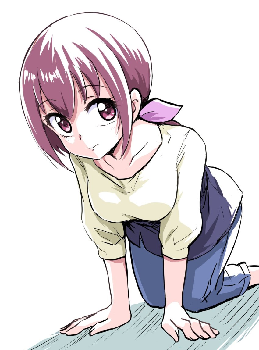 1girl blue_pants collarbone hat hat_ribbon highres hoshizora_ikuyo long_sleeves looking_at_viewer low_ponytail mature_female pants pink_ribbon ponytail precure puffy_long_sleeves puffy_sleeves purple_eyes purple_hair ribbon shirt simple_background smile smile_precure! solo uraki white_background white_shirt