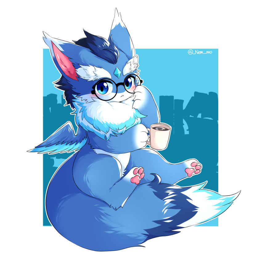 1other adjusting_eyewear arkana_(dragon_village) blue_background blue_gemstone blue_wings chibikemo cup dragon dragon_village_(series) dragon_village_m feathered_wings full_body furry gem glasses highres holding holding_cup mug neck_fur nem_mo round_eyewear wings