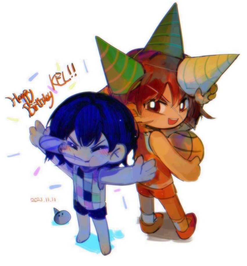 2boys :i ^_^ adjusting_clothes adjusting_headwear ball bare_arms bare_shoulders barefoot basketball_(object) black_shorts blue_hair bright_pupils brown_hair character_name chibi chibi_only closed_eyes colored_skin dark-skinned_male dark_skin dated double-parted_bangs dual_persona fewer_digits from_above full_body green_hat hair_behind_ear hair_between_eyes happy_birthday hat hector_(omori) holding holding_ball kel_(faraway)_(omori) kel_(headspace)_(omori) kel_(omori) looking_at_viewer looking_back male_focus mouth_hold multiple_boys multiple_hats omori orange_shoes orange_shorts orange_tank_top outstretched_arms party_hat pet_rock rock shangtiansi shoes short_hair shorts simple_background socks standing tank_top v-shaped_eyebrows white_background white_pupils white_skin white_socks