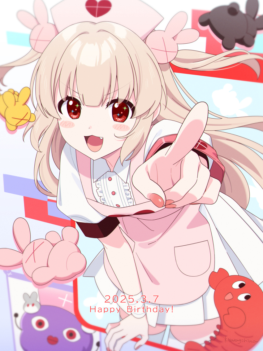 1girl :3 :d apron arm_support armband blonde_hair blush commentary_request cowboy_shot dated fang foreshortening hair_between_eyes hair_ornament hand_up happy_birthday hat heart heart_print highres kisaragi_hina long_hair looking_at_viewer natori_sana natori_sana_(nurse) nurse_cap open_mouth pink_apron pointing pointing_at_viewer puffy_short_sleeves puffy_sleeves rabbit_hair_ornament red_eyes saana-kun sana_channel short_sleeves shrimp smile solo standing stuffed_animal stuffed_rabbit stuffed_toy two_side_up v-shaped_eyebrows virtual_youtuber